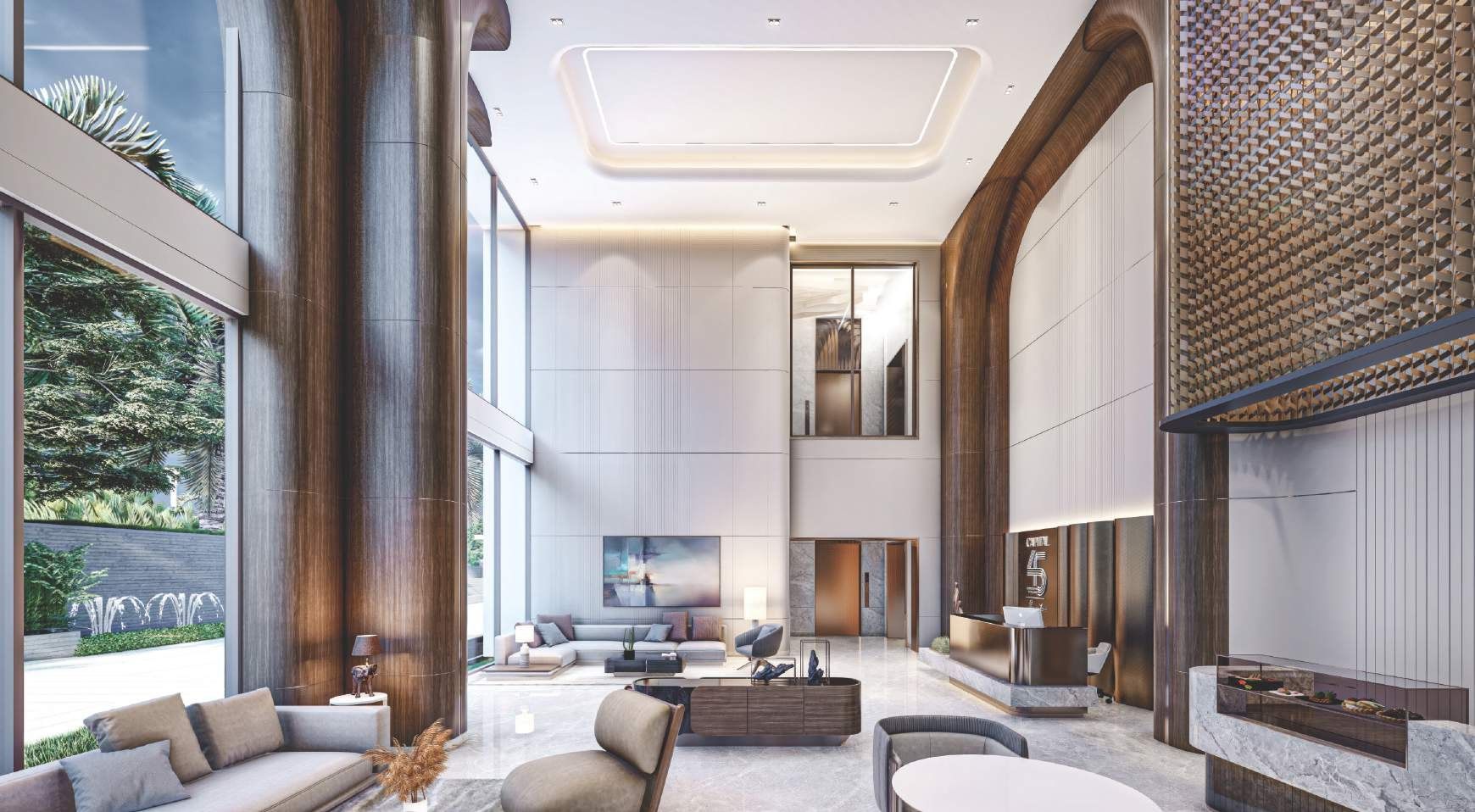 Double-height living space with skyline views