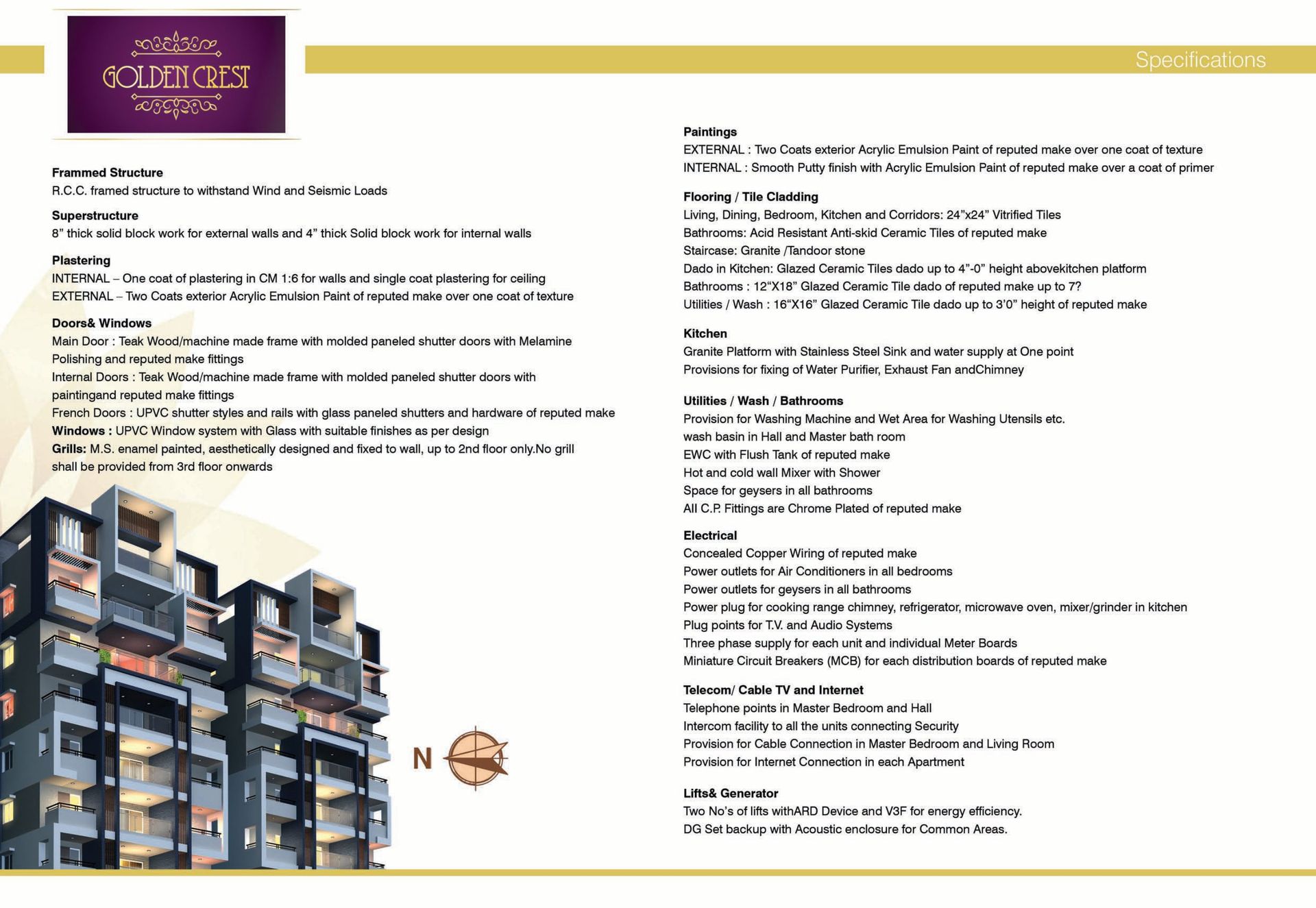 Specifications sheet for Golden Crest Residences