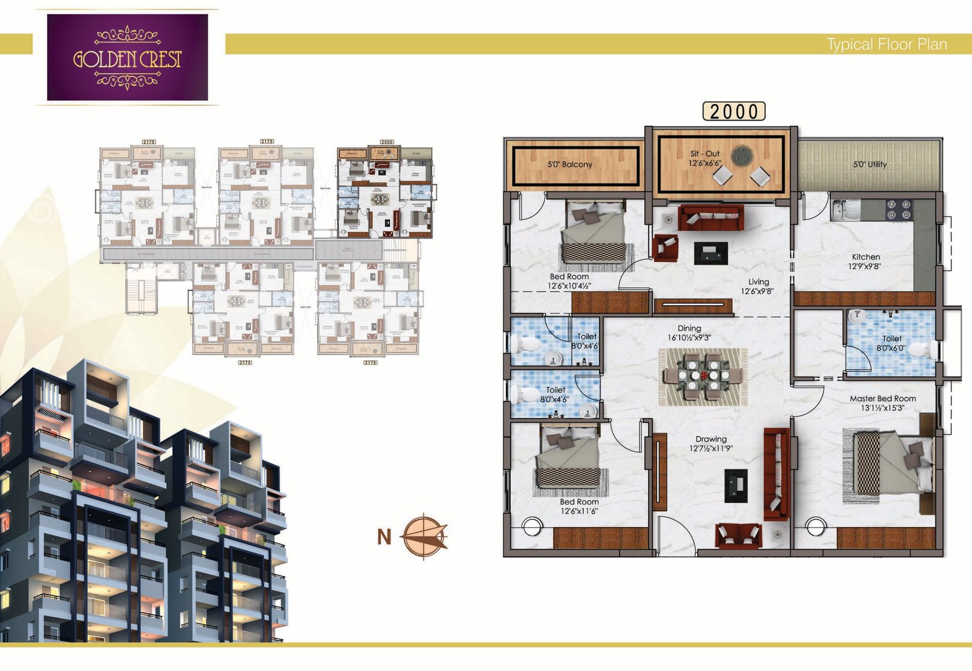 2,000 sq.ft three bedroom unit plan