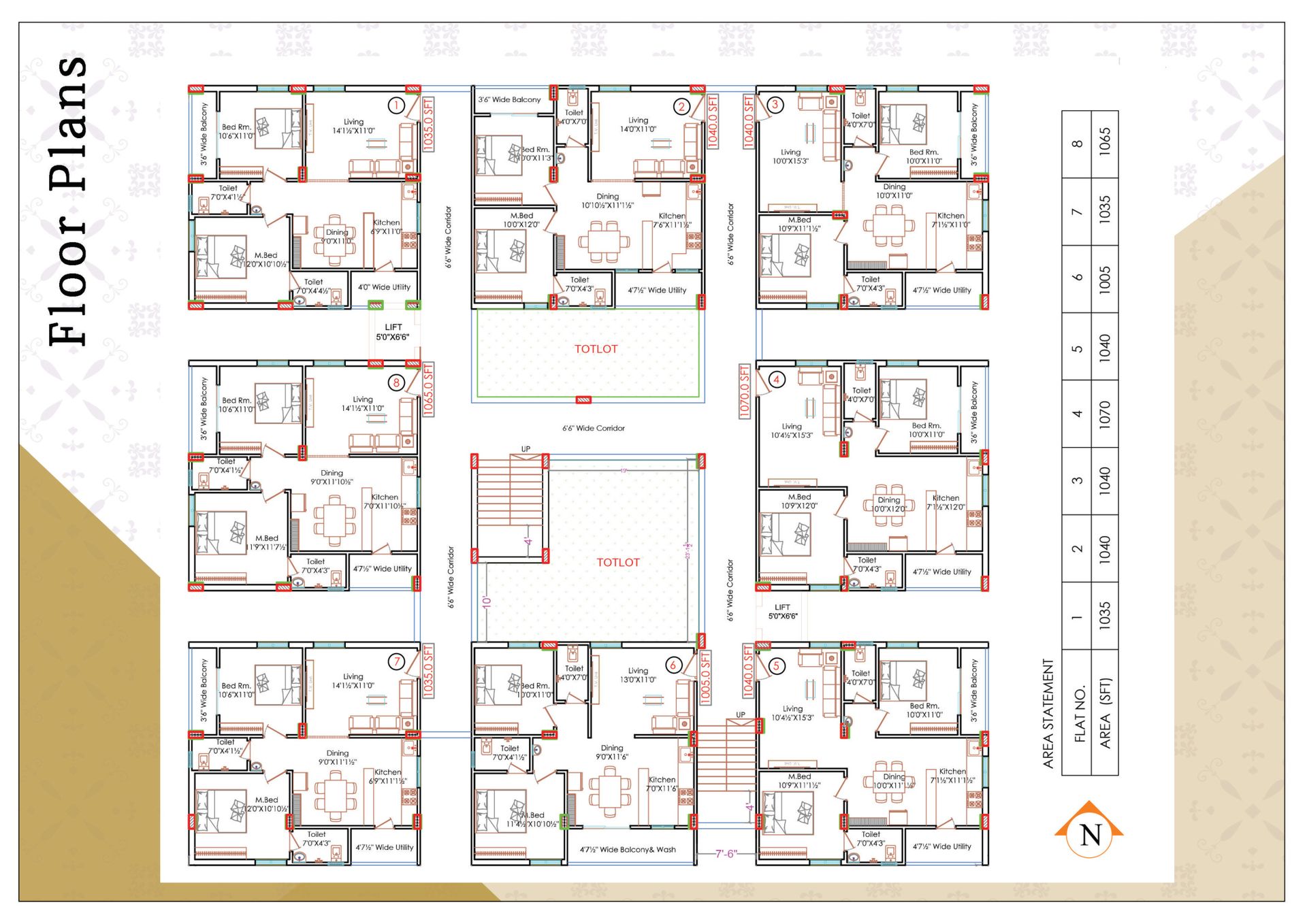 Typical floor plan with eight flats