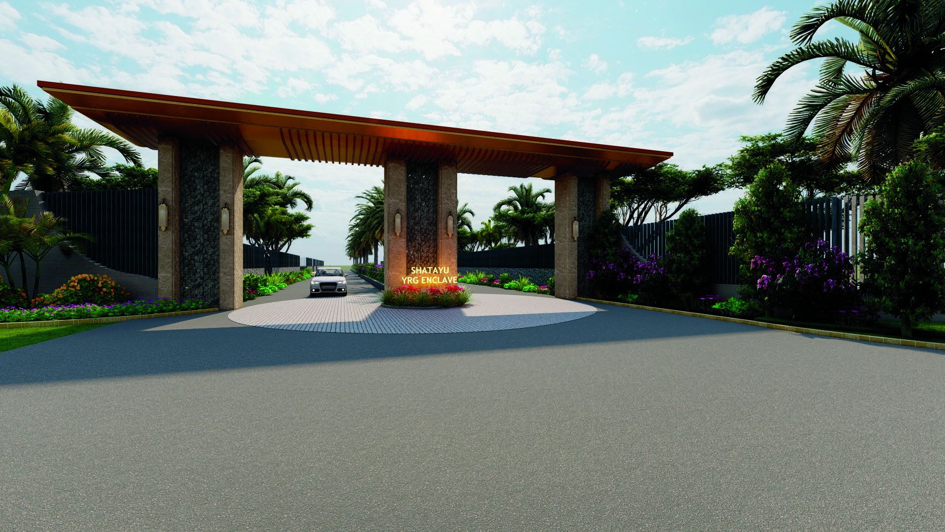 Grand entrance arch at YRG Enclave
