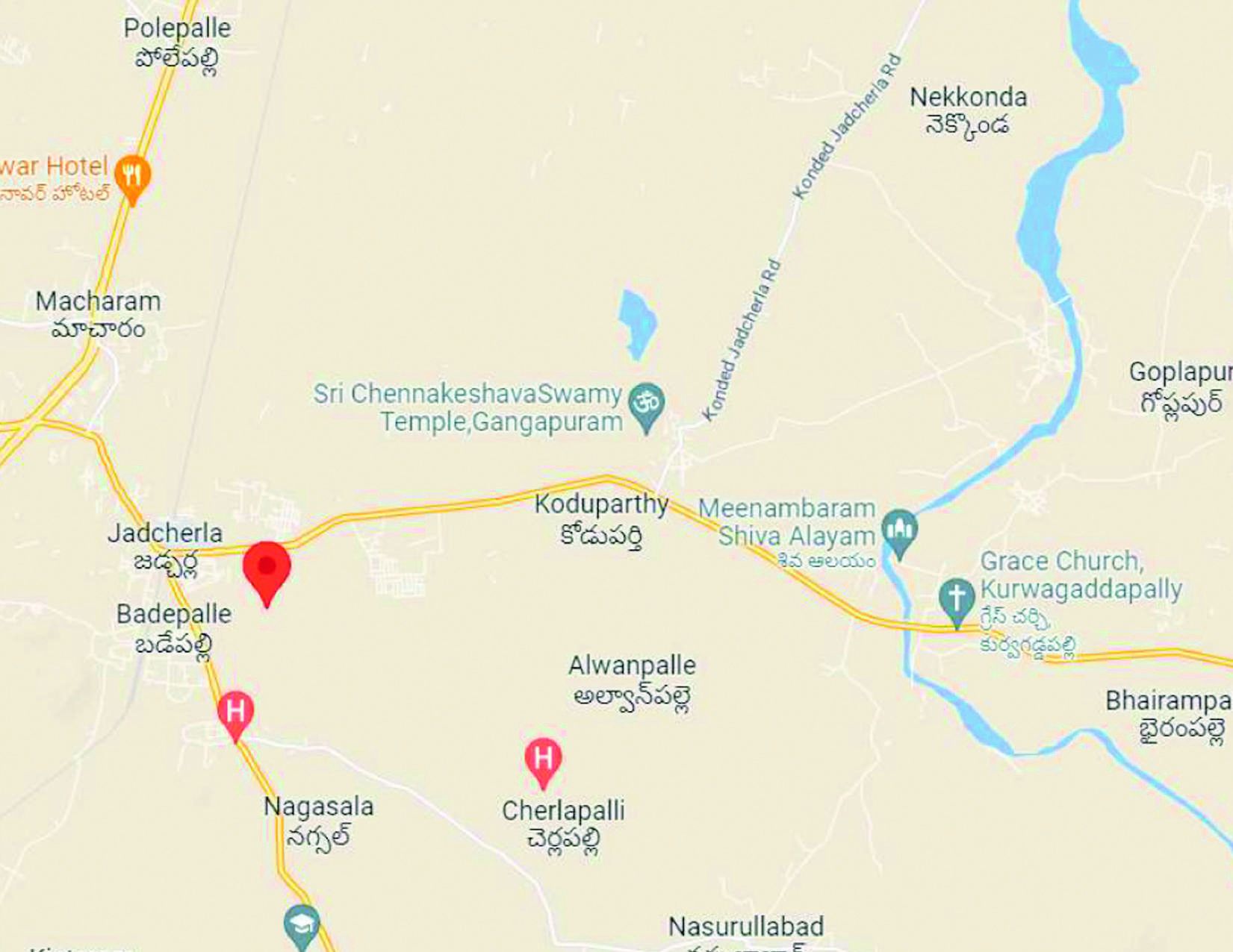 Location map showing YRG Enclave at Jadcherla